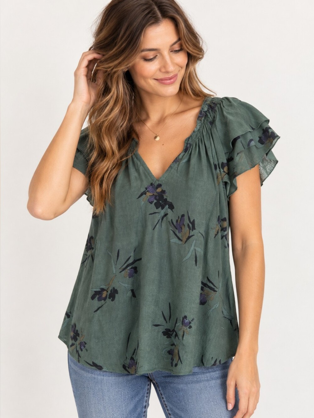 🌿 A New Day Green Floral Flutter Sleeve Blouse — Size Large